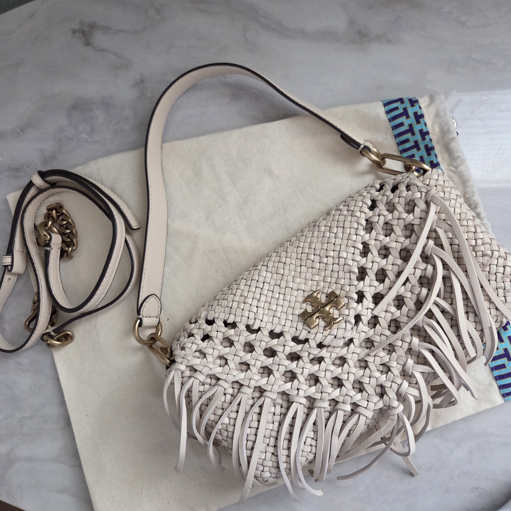 Tory Burch Ivory Woven Fringe Crossbody with Gold Hardware